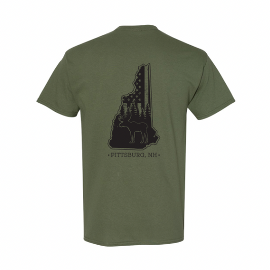 YOUTH Tee - NH Flag Treeline & Moose - Olive Green