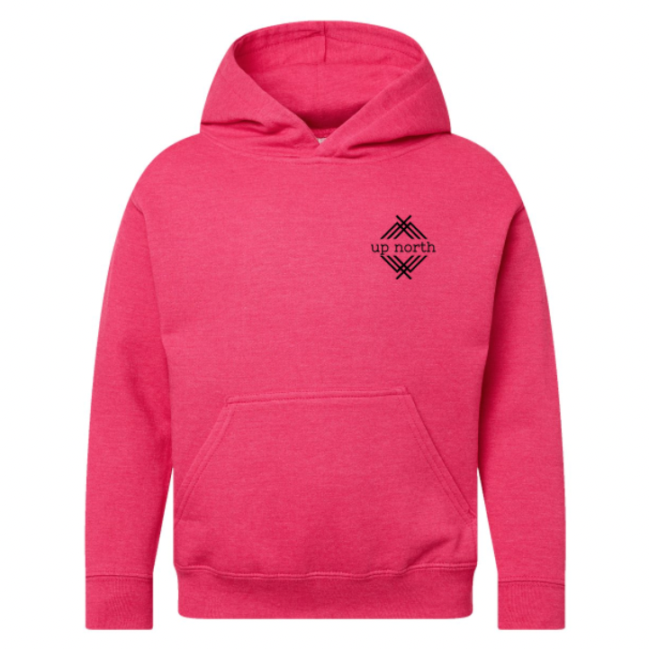 Youth Hoodie, NH Flag Treeline & Moose - Heather Hot Pink
