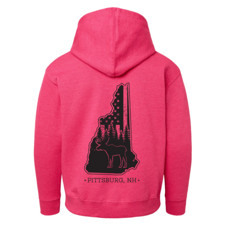 Youth Hoodie, NH Flag Treeline & Moose - Heather Hot Pink