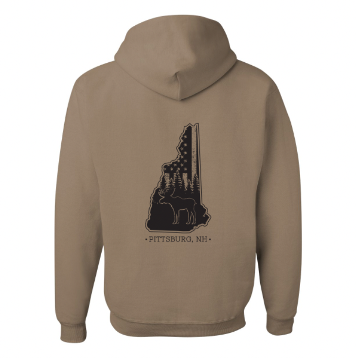 Weathered Brown Hoodie, NH Flag Treeline & Moose