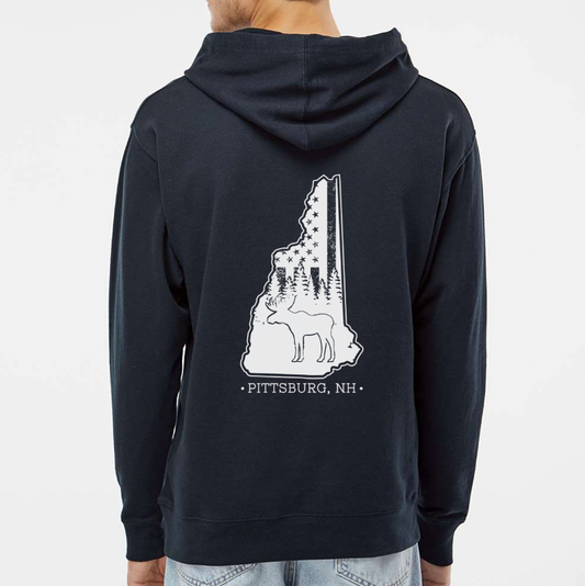 Navy Hoodie, NH Flag Treeline & Moose