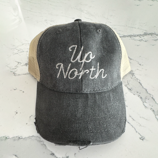 Up North Chainstitch Embroidery - Distressed Trucker Hat