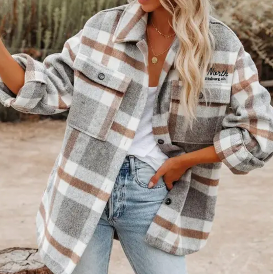 Plaid Flannel Shacket: Grey/Brown