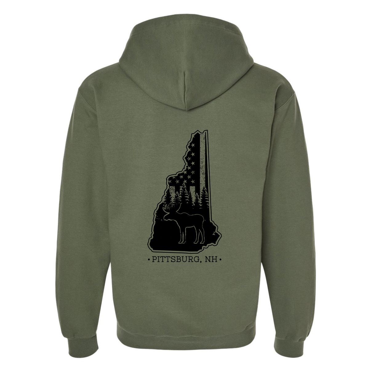 Olive Full Zip Hoodie, NH Flag Treeline & Moose