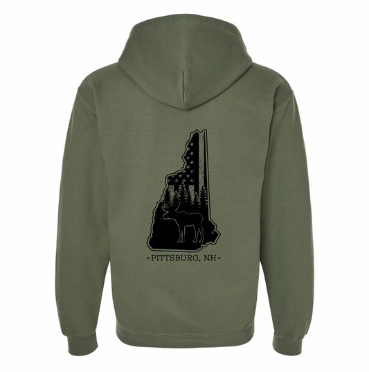 Olive Full Zip Hoodie, NH Flag Treeline & Moose