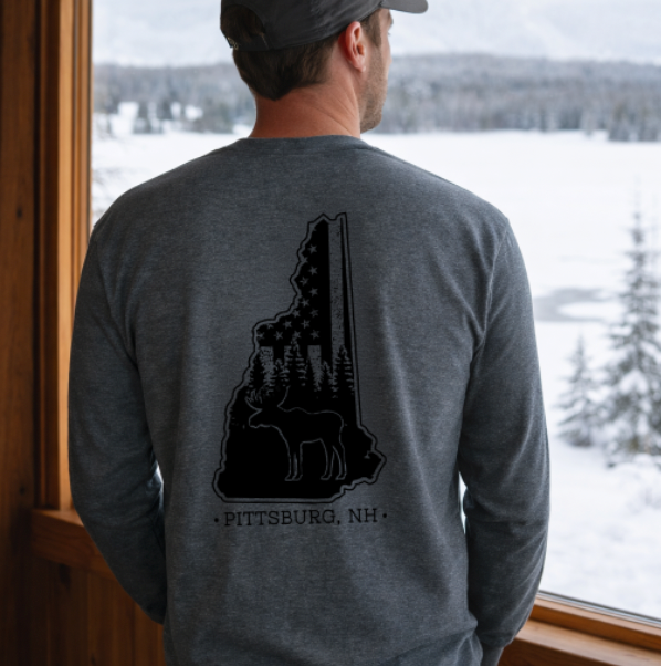 Dk Grey LS Tee, NH Flag Treeline & Moose