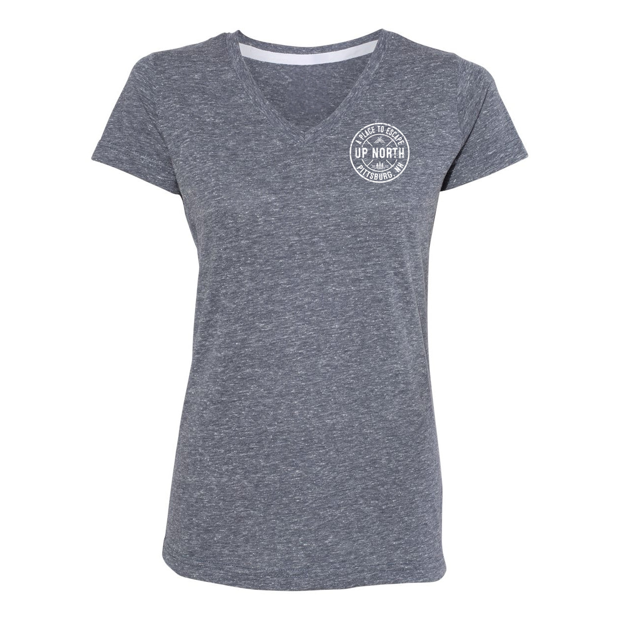 Ladies V-Neck Tee, Circle logo - Navy Heather