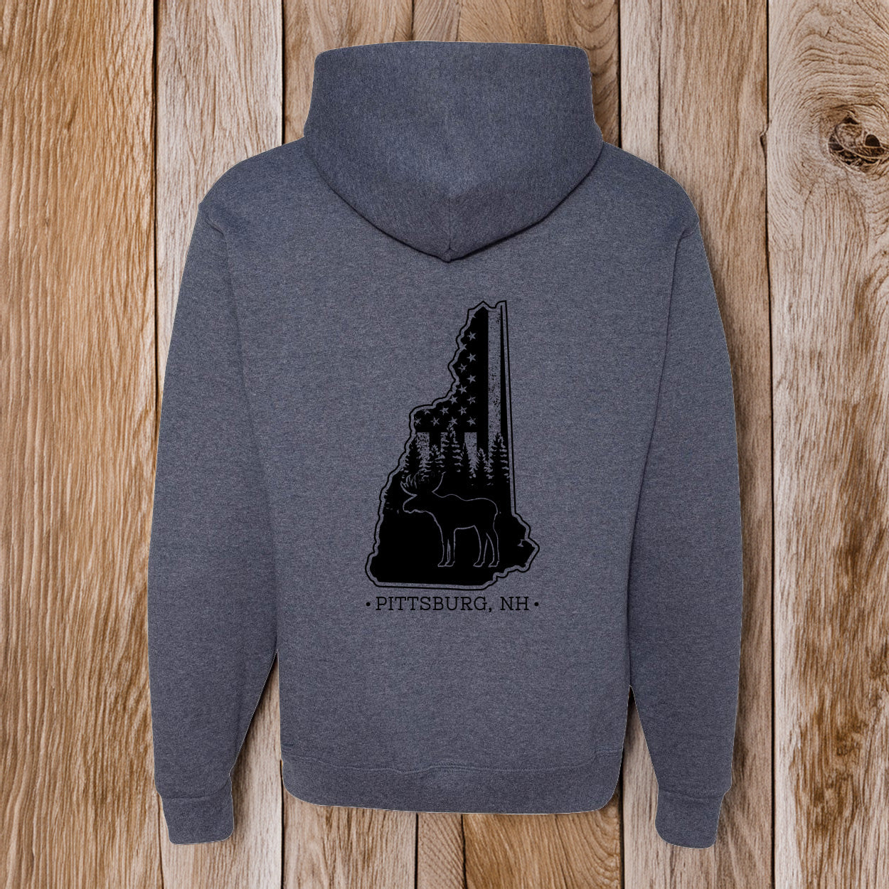 Navy Heather Hoodie, NH Flag Treeline & Moose