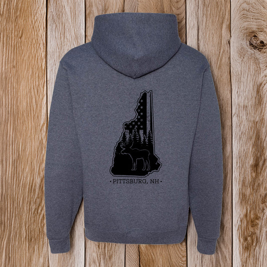 Navy Heather Hoodie, NH Flag Treeline & Moose