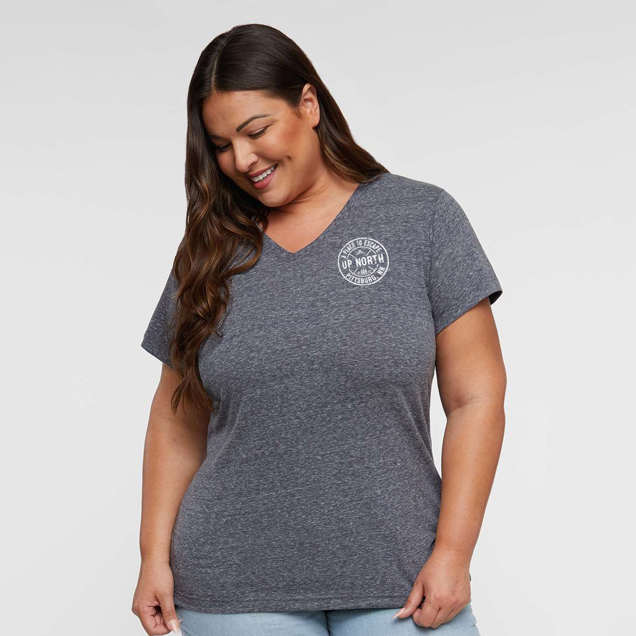 Ladies V-Neck Tee, Circle logo - Navy Heather