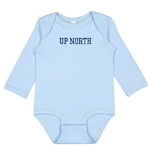 Up North Varsity Font - Lt. Blue Long Sleeve Baby Onesie