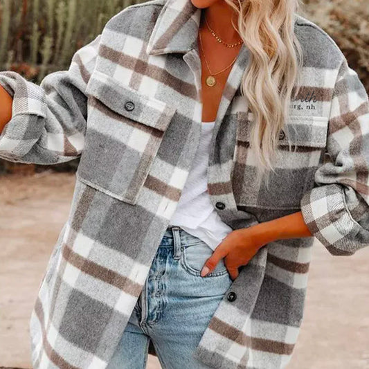 Plaid Flannel Shacket: Grey/Brown