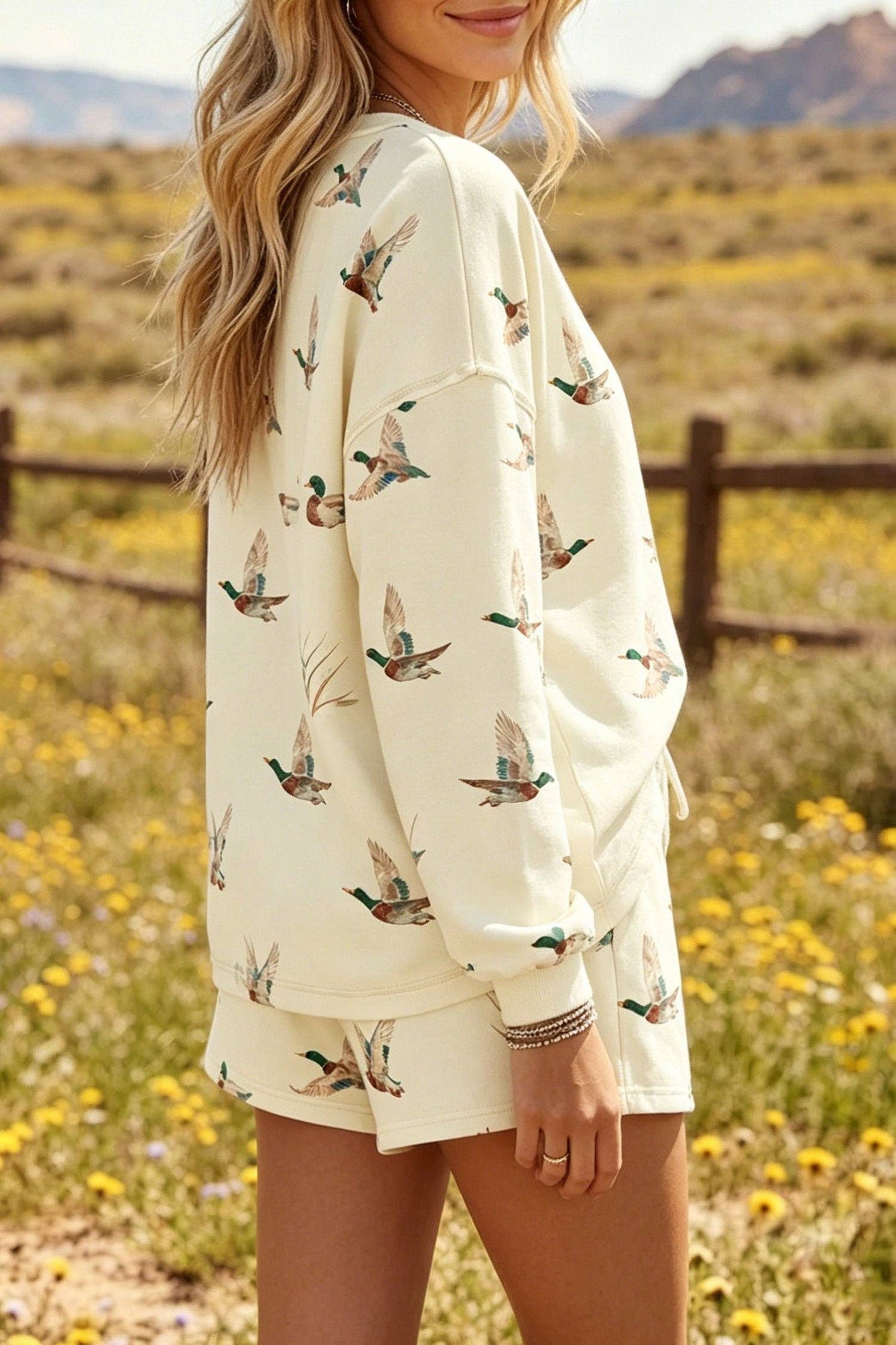 Mallard Print Long Sleeve Top Drawstring Short Set