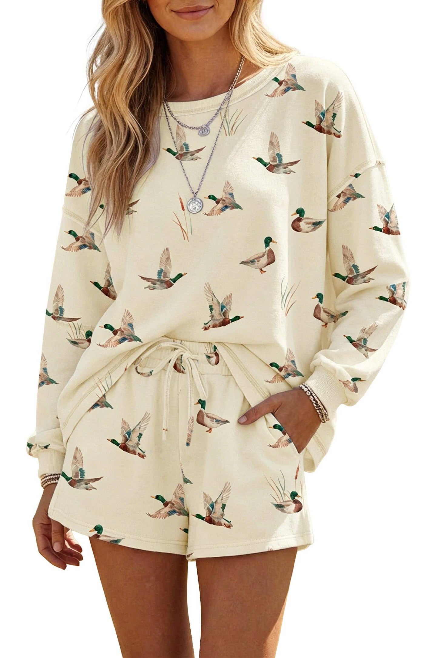 Mallard Print Long Sleeve Top Drawstring Short Set