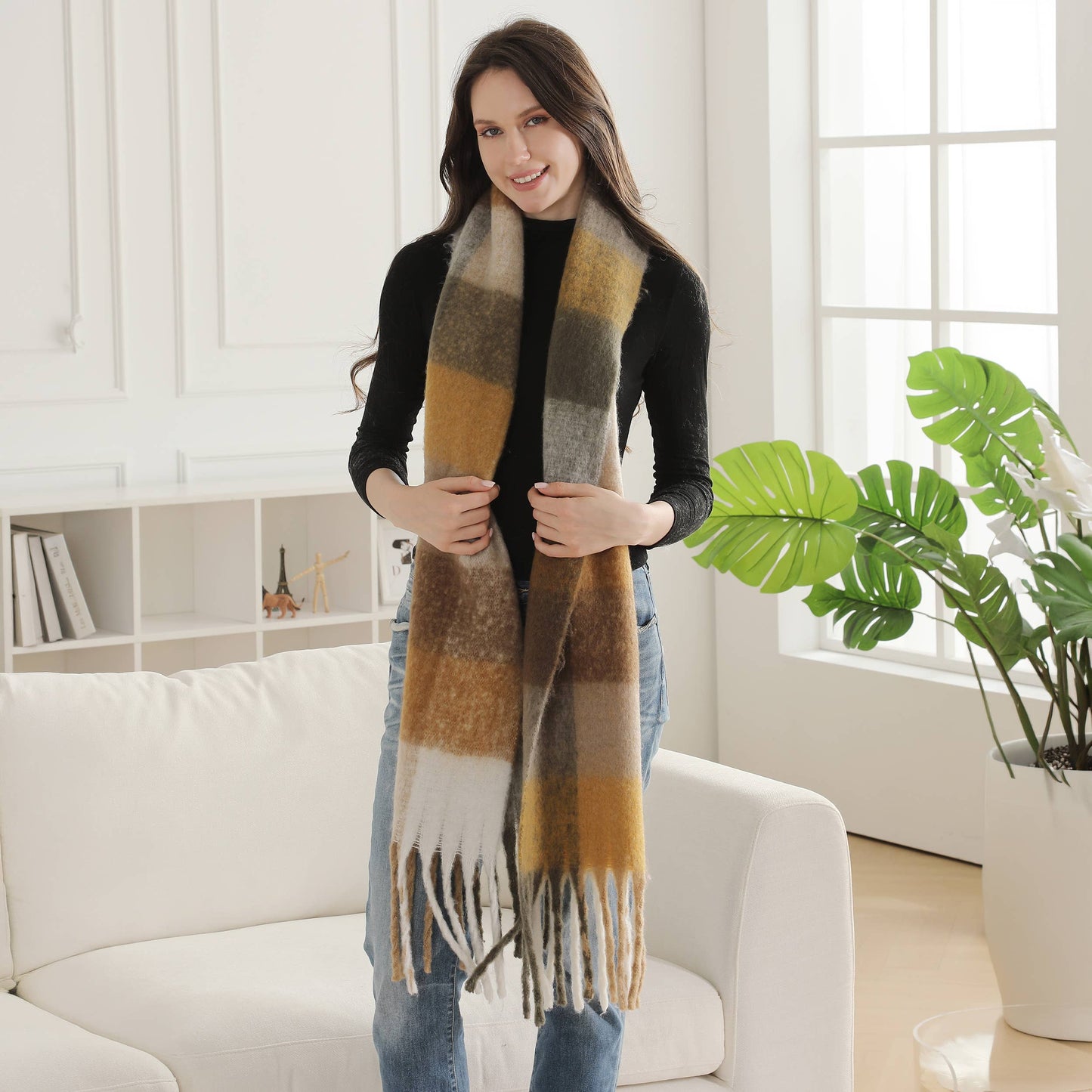 Plaid Pattern Fringe Oblong Winter Scarf