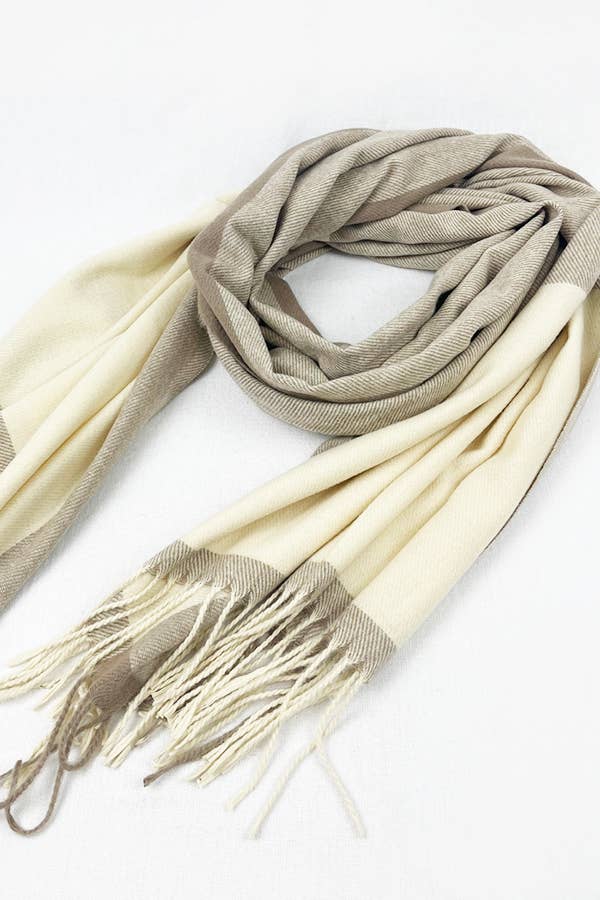 Two Tone Plaid Cashmere Scarf With Tassel
