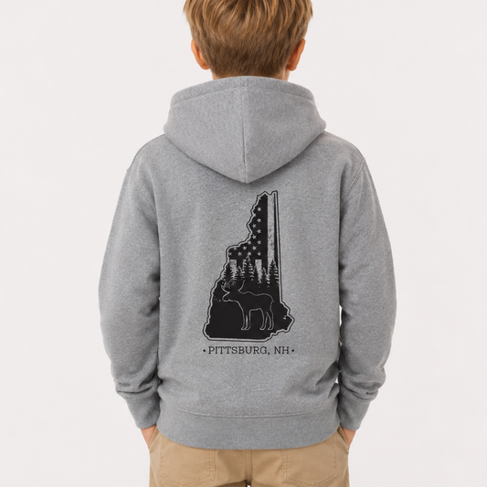 Youth Hoodie, NH Flag Treeline & Moose - Grey Heather