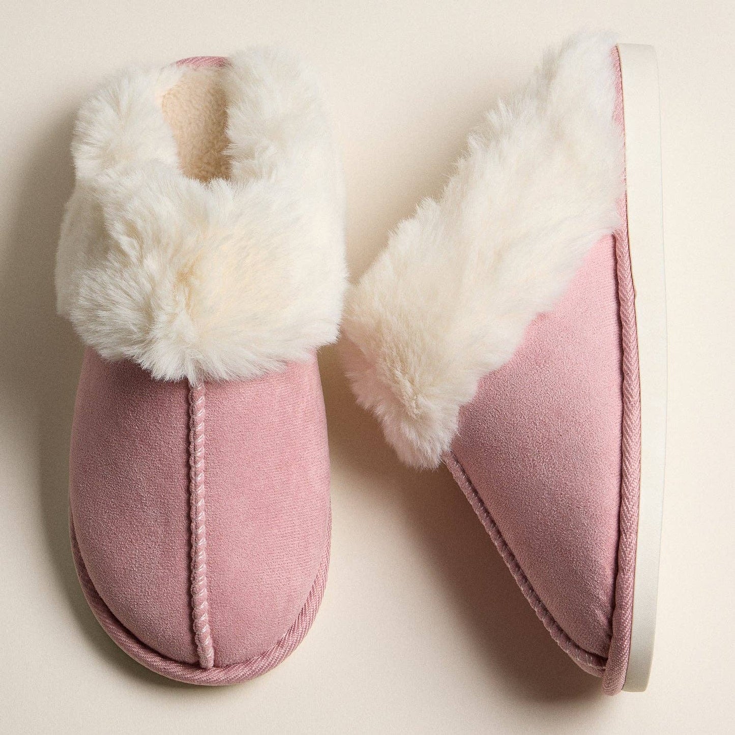 Faux Fur Lined Suede-Style Slippers - Blush