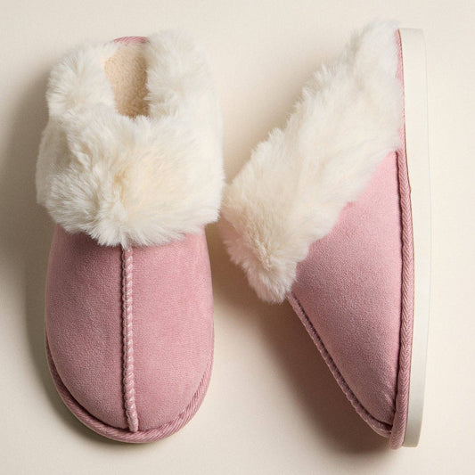 Faux Fur Lined Suede-Style Slippers - Blush