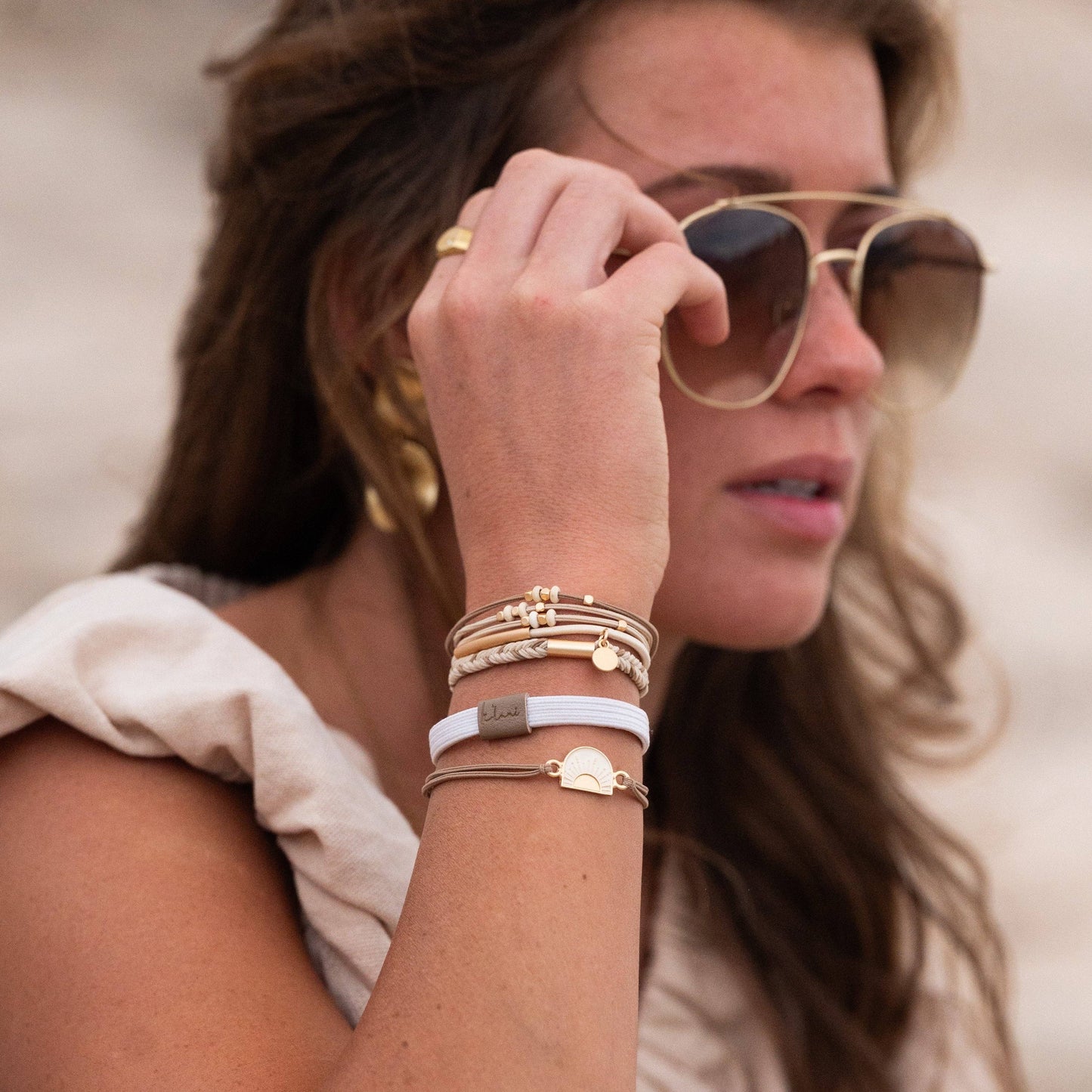 "Rise" Cream and Tan With Gold & Sun Accents Hair Tie Bracelets