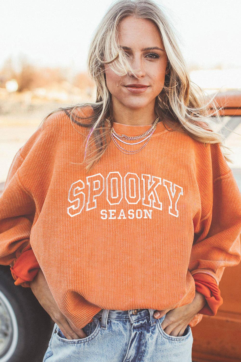 SPOOKY SEASON Embroidered Ribbed Sweatshirt