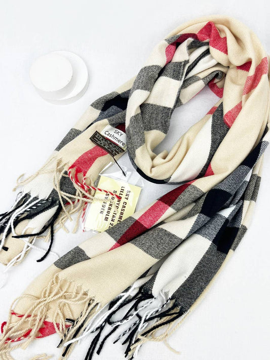 Beige/red/black - Plaid Cashmere Scarf With Tassel