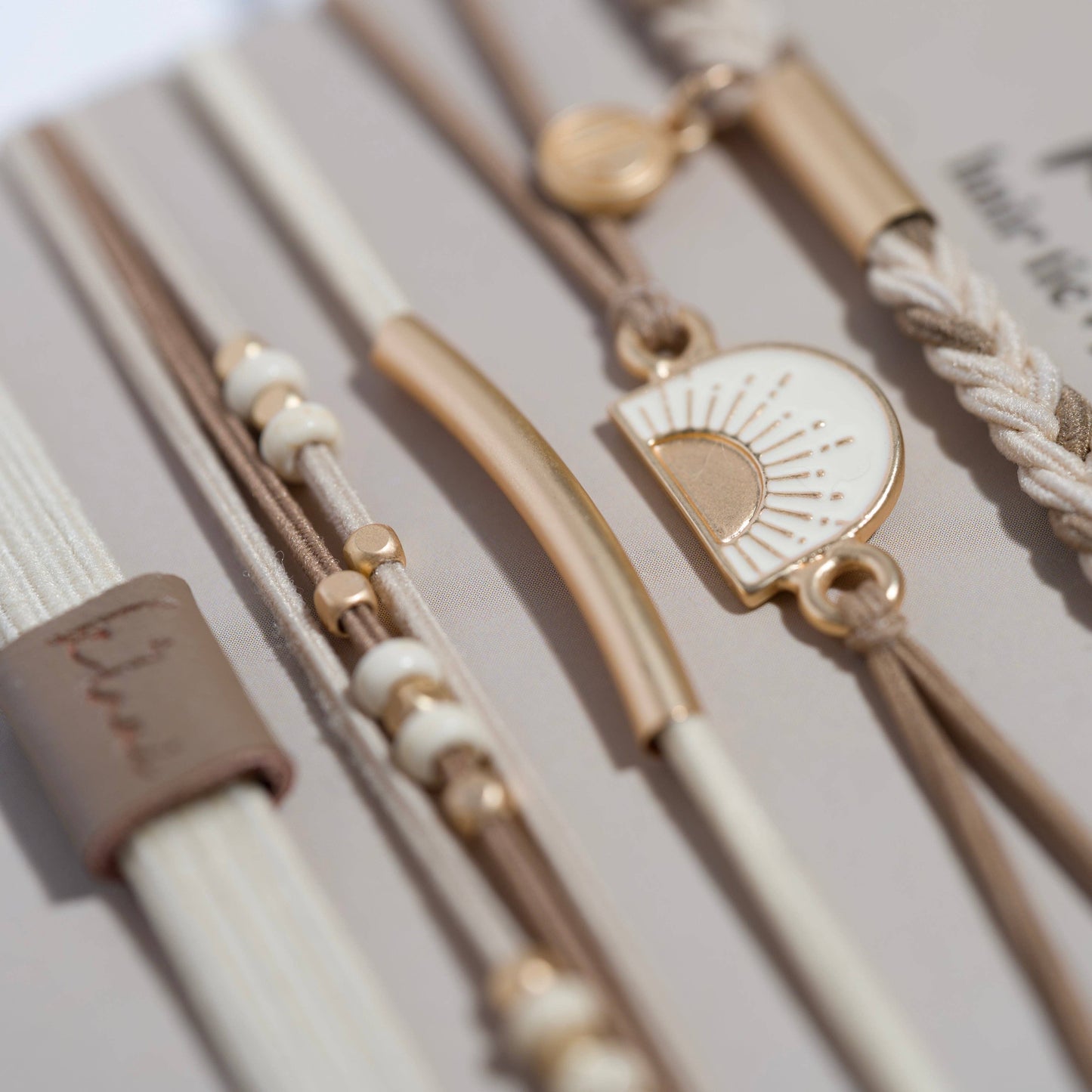 "Rise" Cream and Tan With Gold & Sun Accents Hair Tie Bracelets