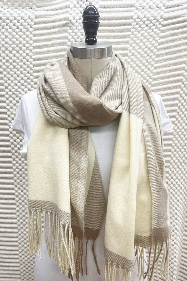 Two Tone Plaid Cashmere Scarf With Tassel