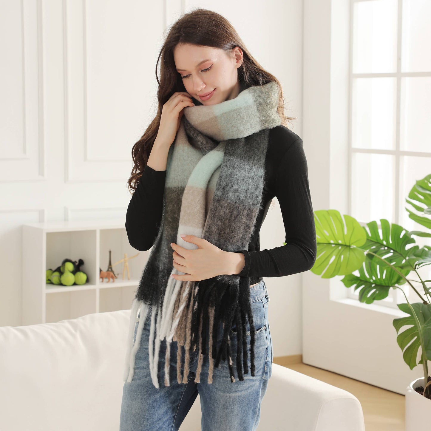 Plaid Pattern Fringe Oblong Winter Scarf