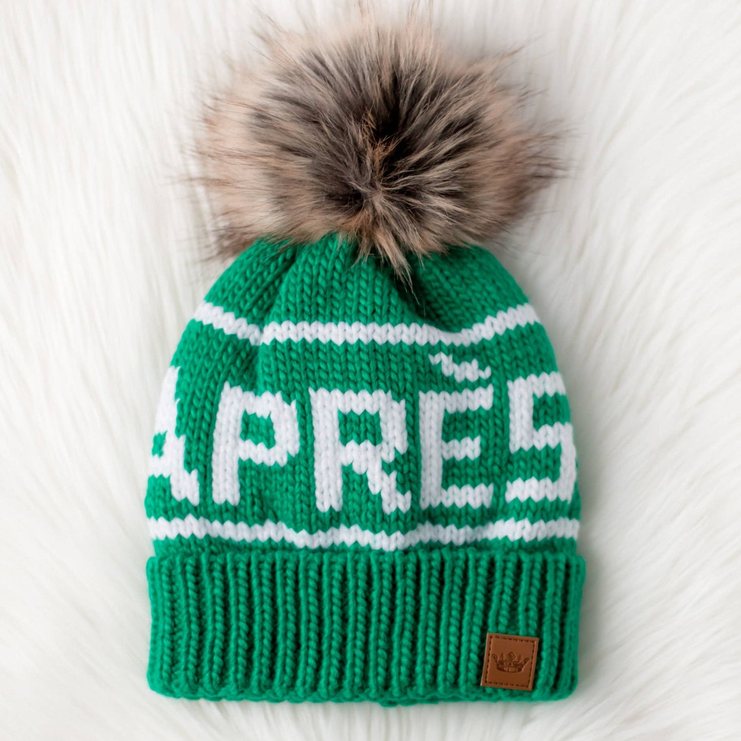 Green & White Après Pom Hat