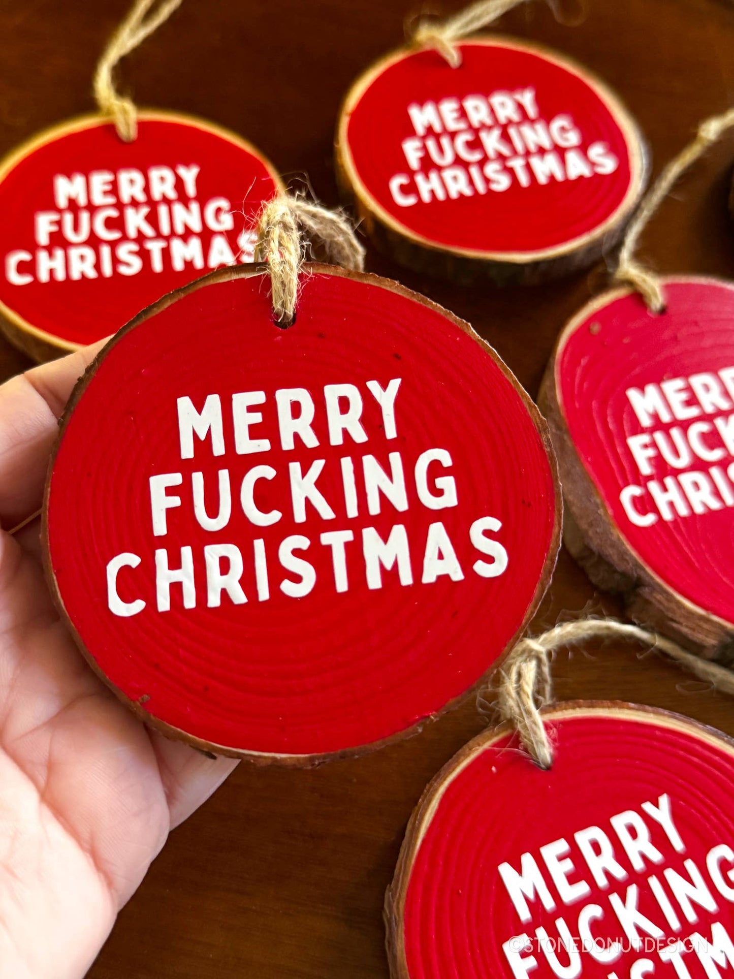 Merry Fucking Christmas Wood Slice Christmas Ornament