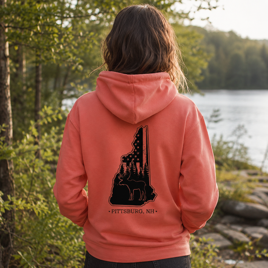 Coral Hoodie, NH Flag Treeline & Moose
