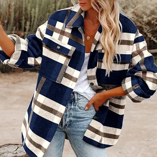 Plaid Flannel Shacket: Navy Blue