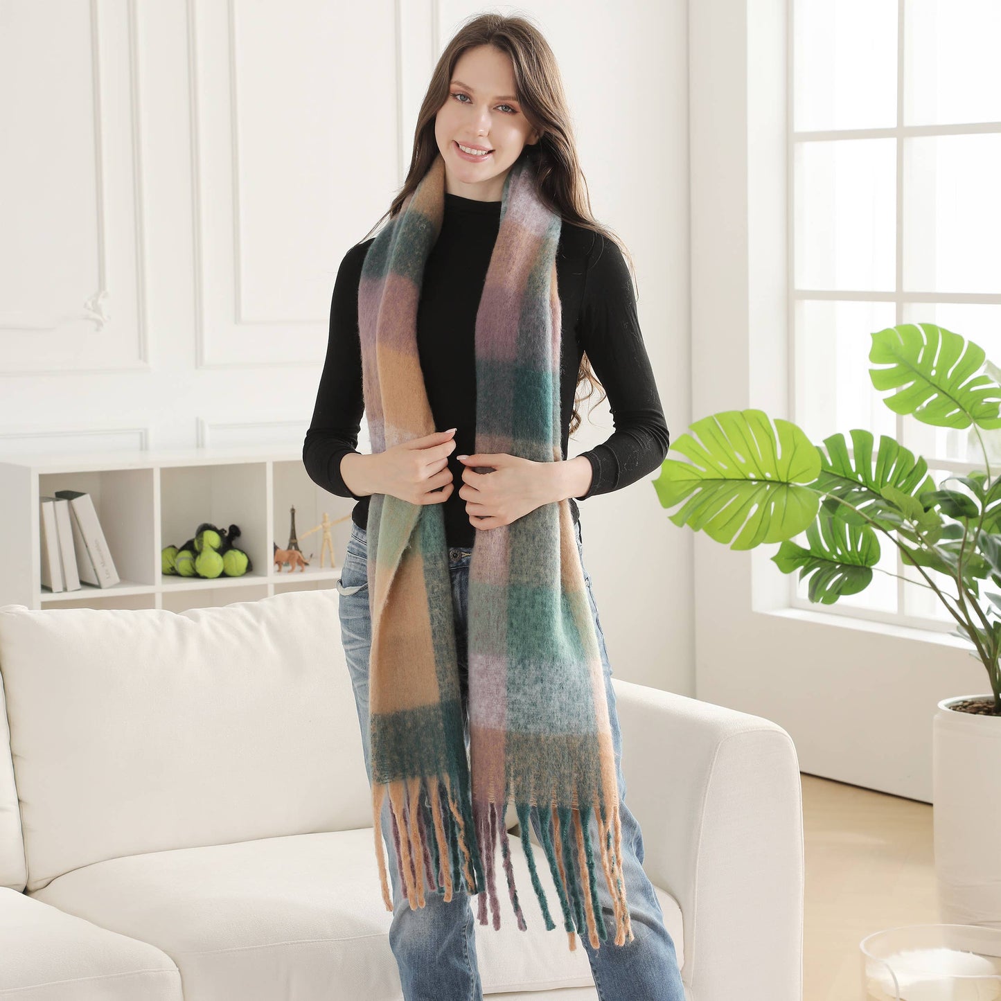 Plaid Pattern Fringe Oblong Winter Scarf
