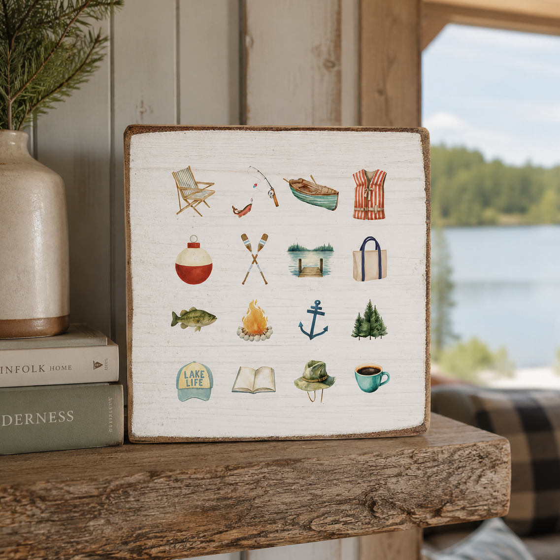 Lake Icons - Square Wood Block Sign
