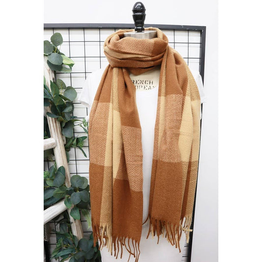 Tan/brown - Two Tone Plaid Cashmere Scarf with Tassel