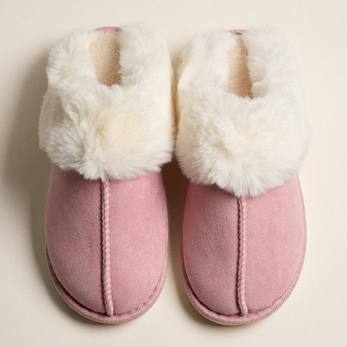 Faux Fur Lined Suede-Style Slippers - Blush