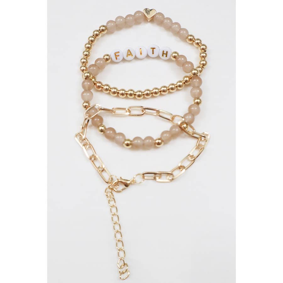 Faith Bead and Chain Layered Soft Tone Bracelets