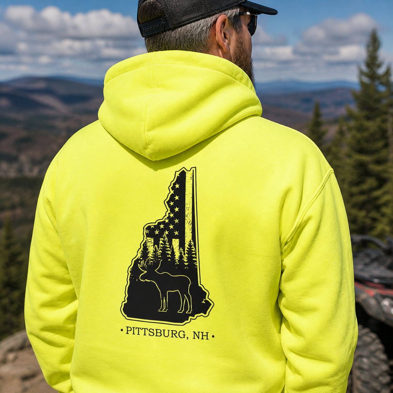 Hi-Vis Yellow Hoodie, NH Flag Treeline & Moose