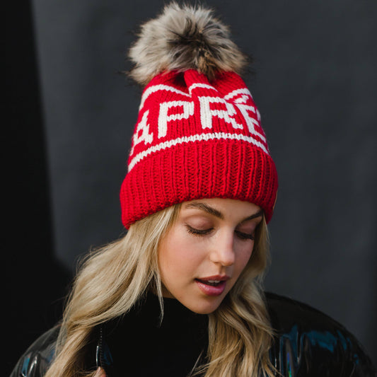 Red & White Après Pom Hat