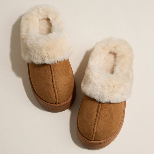 Platform Sherpa Slippers with Suede Finish - Camel