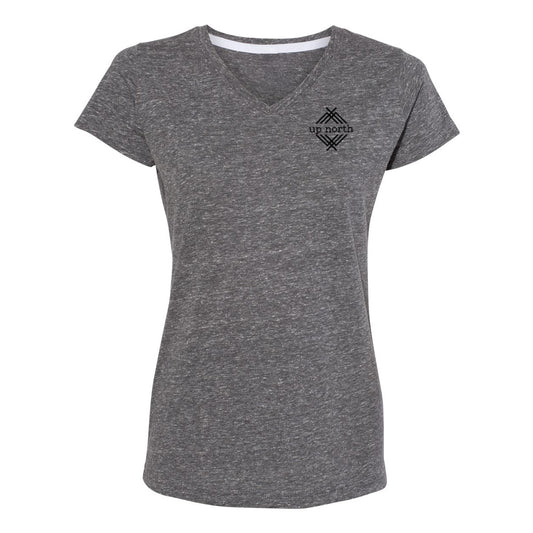 Grey Ladies V-Neck Tee, NH Flag Treeline & Moose