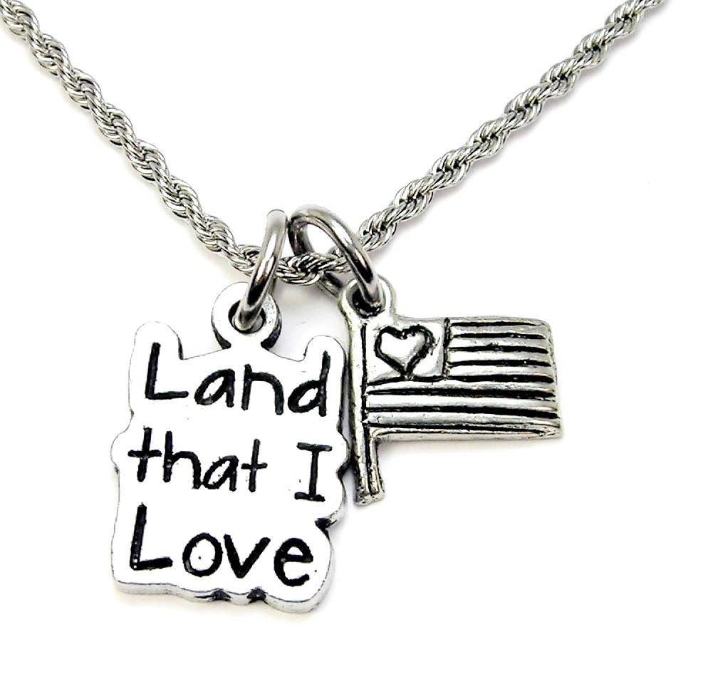 Land that I love with rustic USA flag Charm Necklace