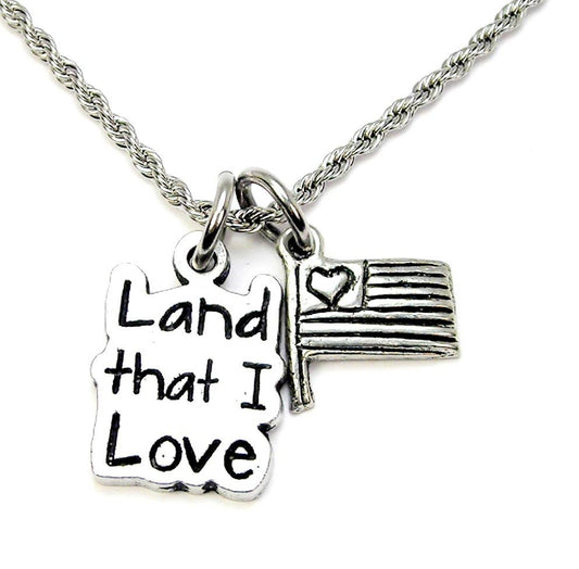 Land that I love with rustic USA flag Charm Necklace