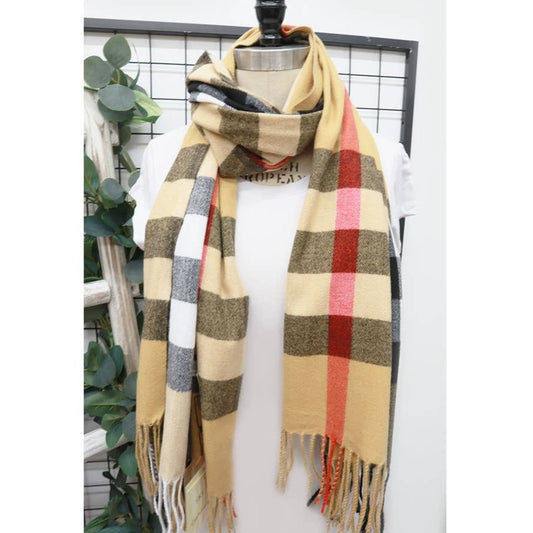 Tan/Black/Red Plaid Cashmere Scarf